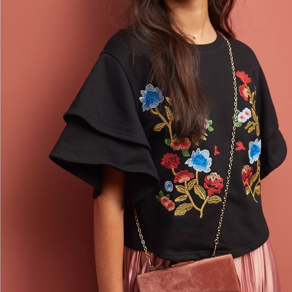 Moon River Morelia Embroidered Top Black Fun Sleeves and colorful embroidery